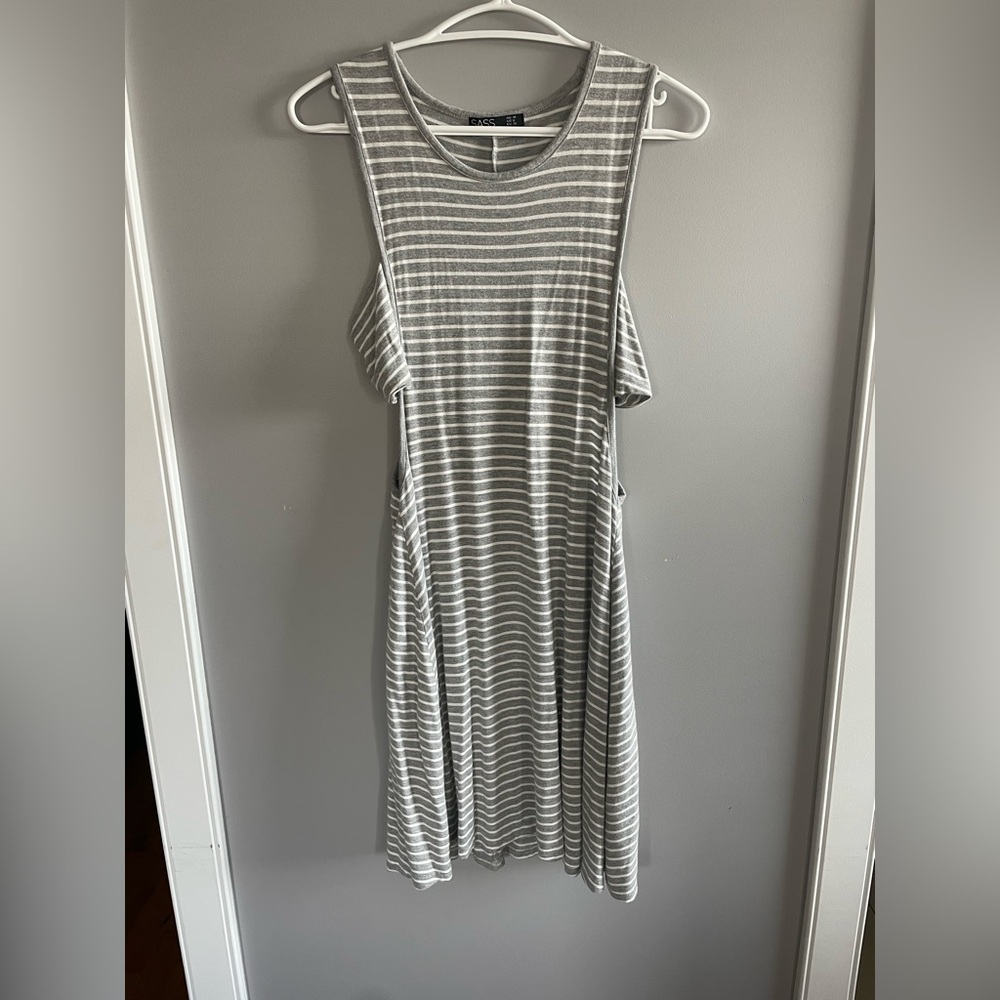 Gray and White Striped Sleeveless Dress